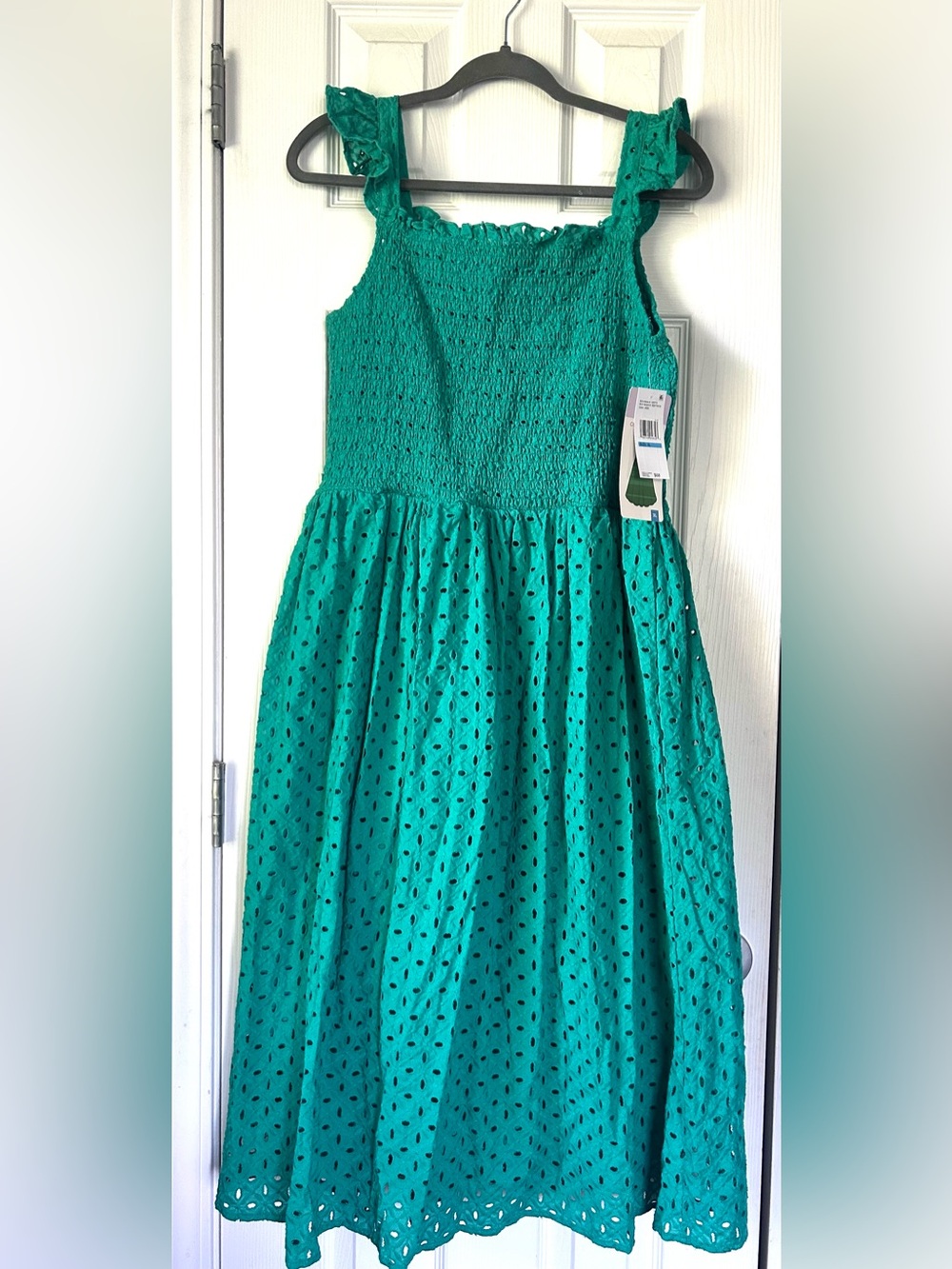 Blueberi Boulevard Jade Green Eyelet Smocked Midi Dress XL NWT